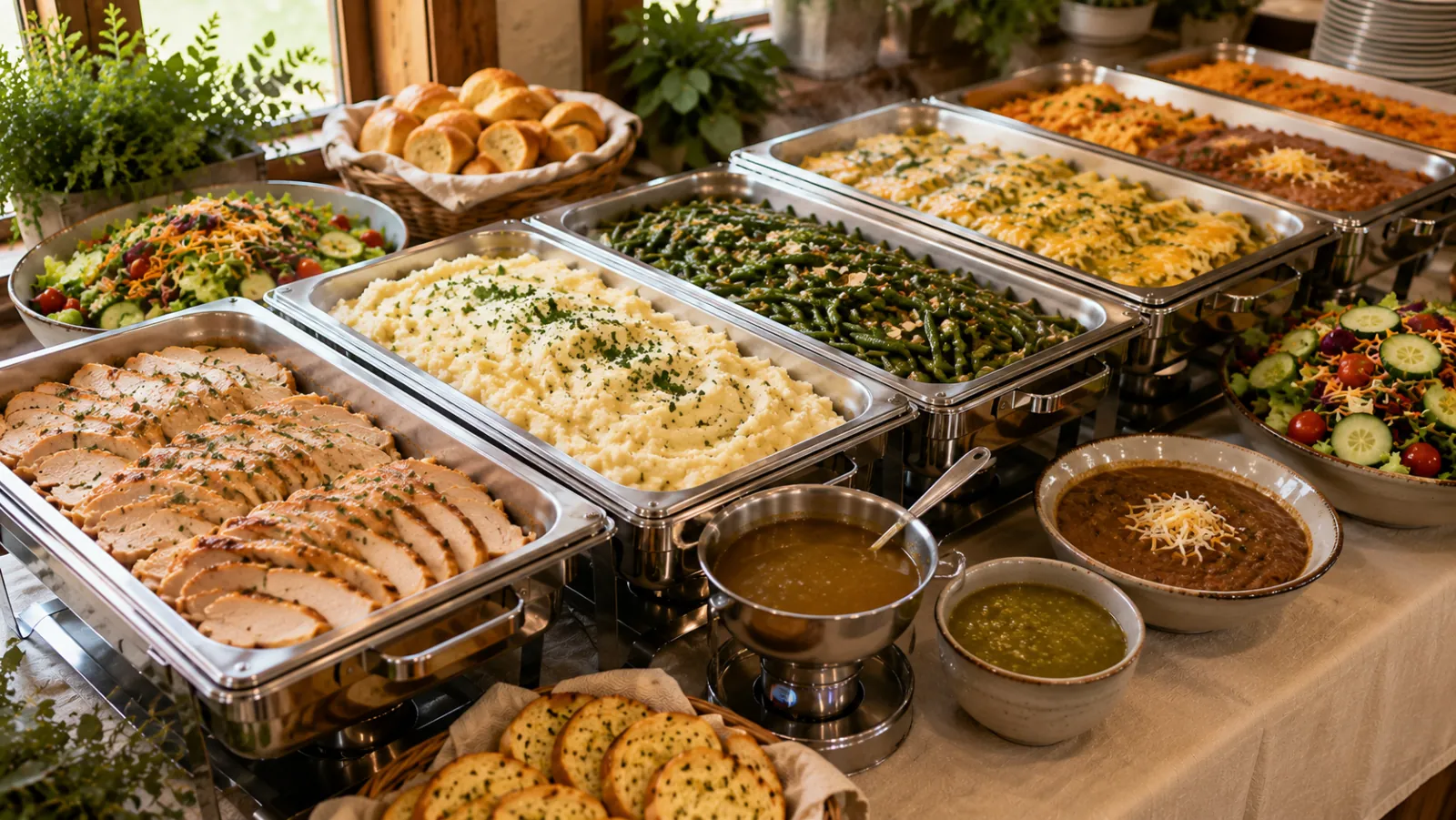 A generous catering buffet spread in Pueblo, CO with turkey, mashed potatoes, green beans, garlic bread, Spanish rice and green chile