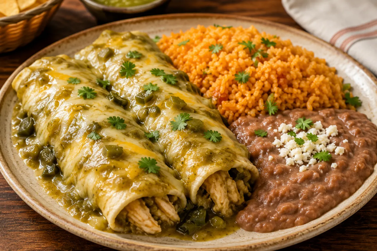 Chicken enchiladas with green chile, Spanish rice and refried beans - Mexican catering Pueblo