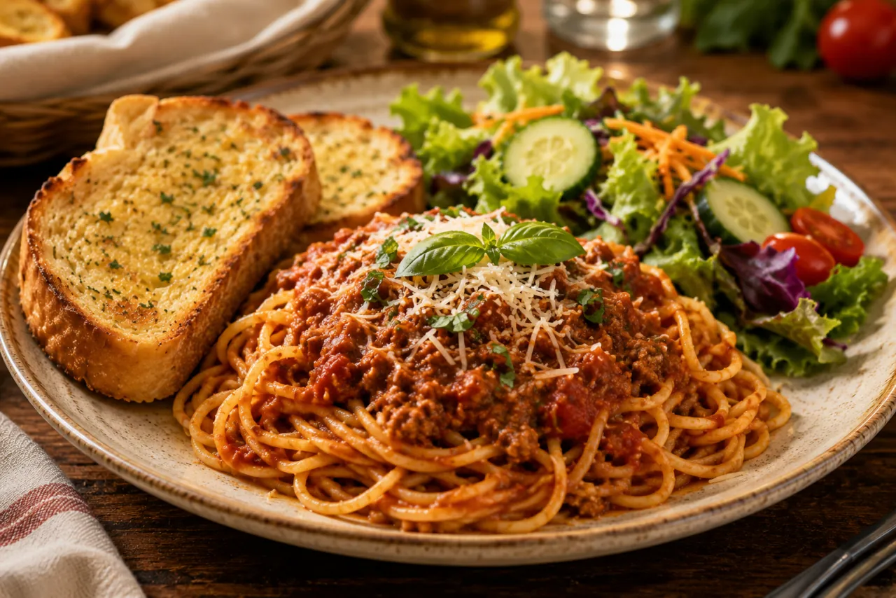 Spaghetti marinara with garlic bread and salad - Italian catering Pueblo