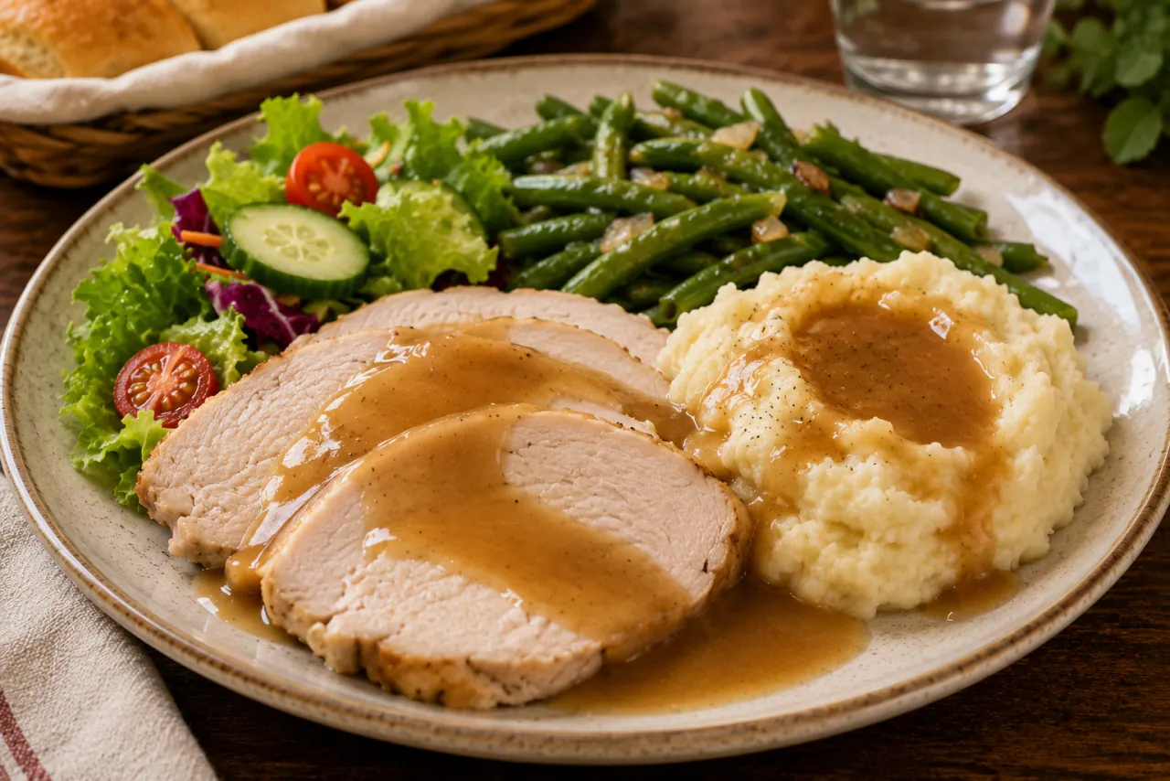Sliced turkey with mashed potatoes, gravy, green beans and salad - American catering Pueblo